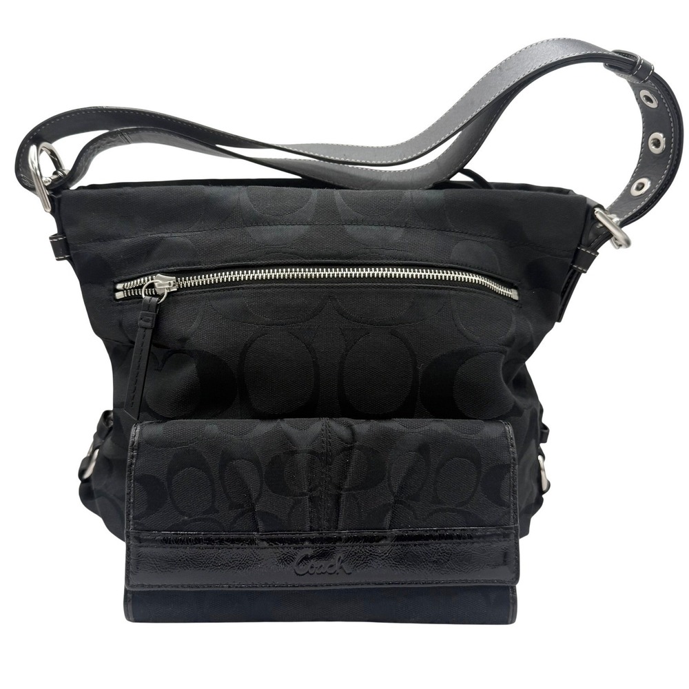Coach Black Signature Jacquard Hobo Shoulder Bag Wallet Set Patent Trim F15067